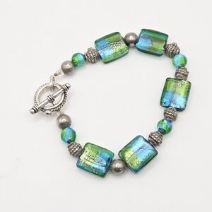 Dichroic Art Glass And Silver Tone Beaded Bracelet -Green Blue Iridescent